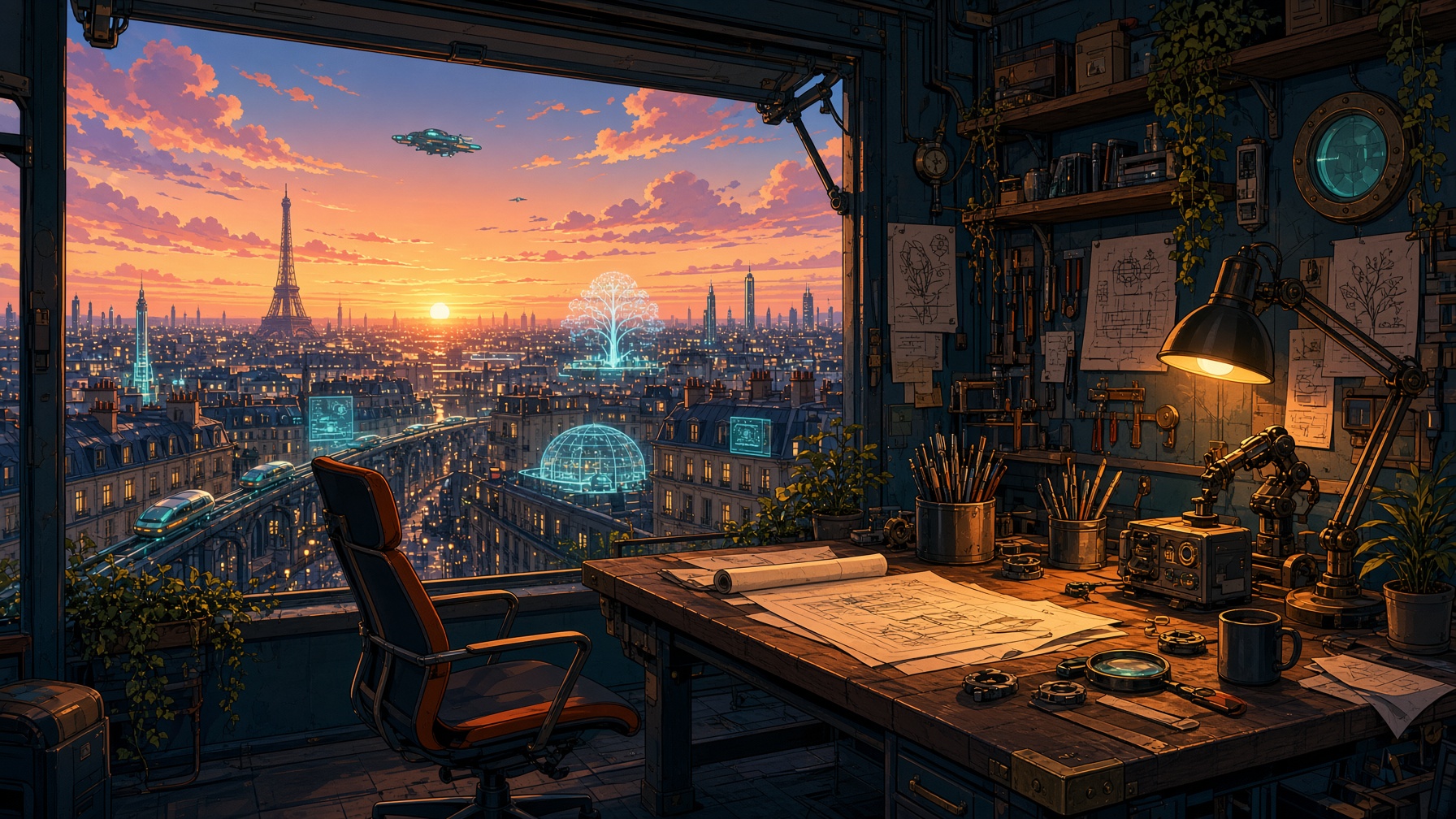 Atelier au crépuscule, plans sur table, ville au loin